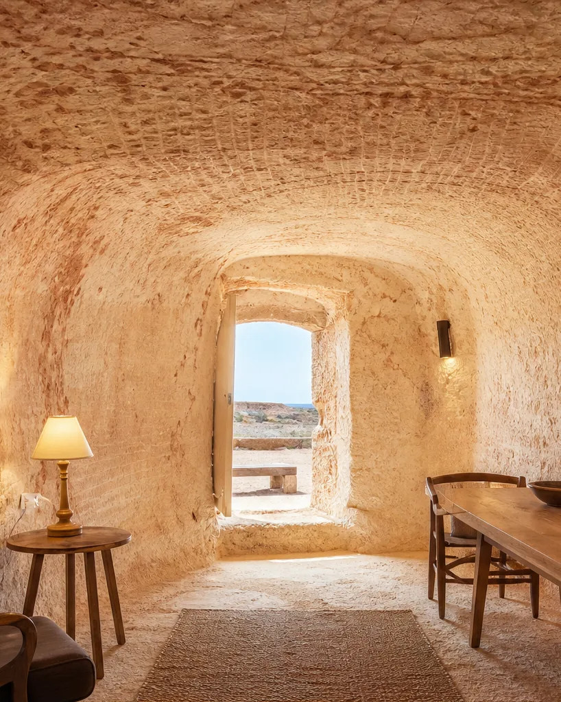 Ein Wohnzimmer, in hellrosa Sandstein gehauen, beleuchtet von warmen Lampen